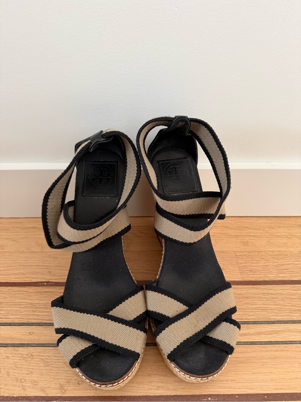 Tory Burch Black and Beige Striped Espadrille Wedge Sandals